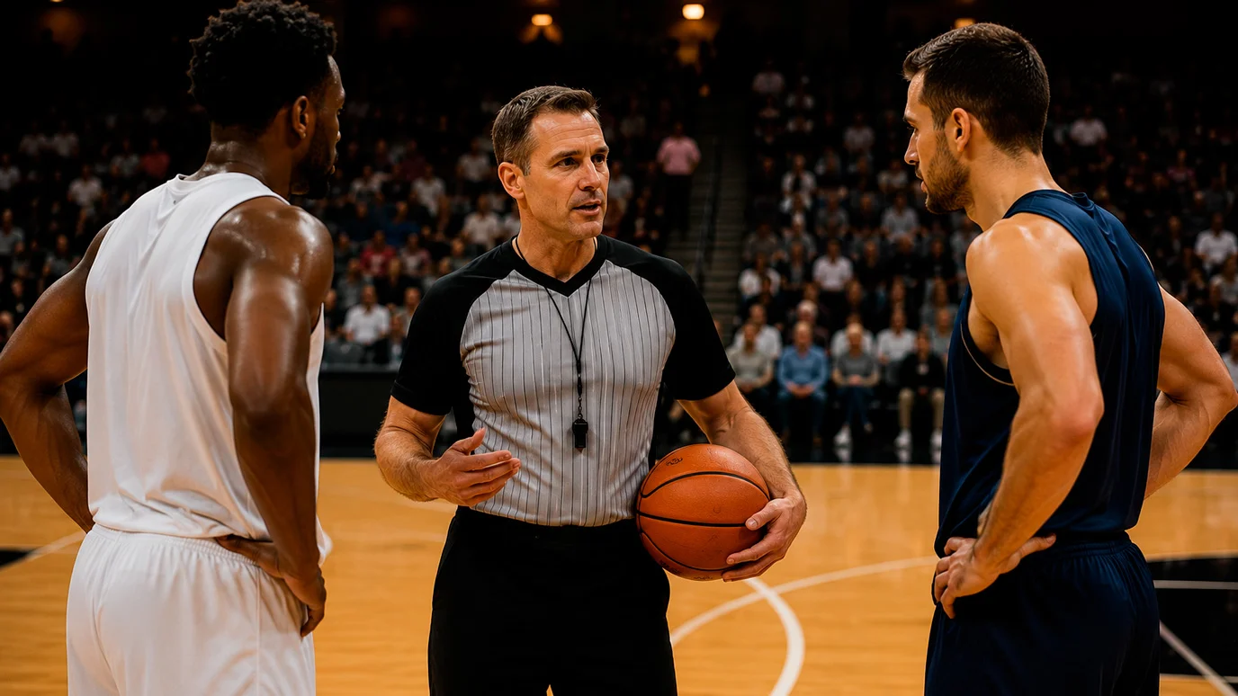 NBA-scheidsrechter overlegt met spelers tijdens een onderbreking op het veld